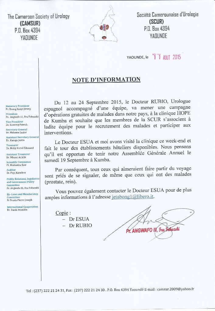 Comunicado de la Sociedad Camerunense de Urología