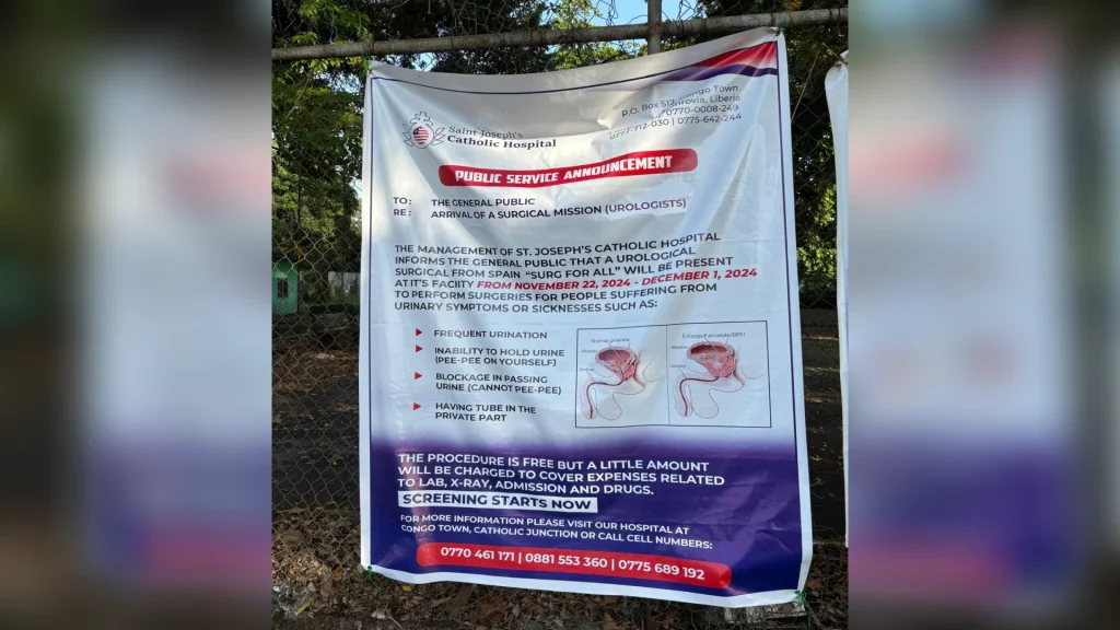 Cartel anunciando la misión urológica de noviembre en el St. Joseph Catholic Hospital